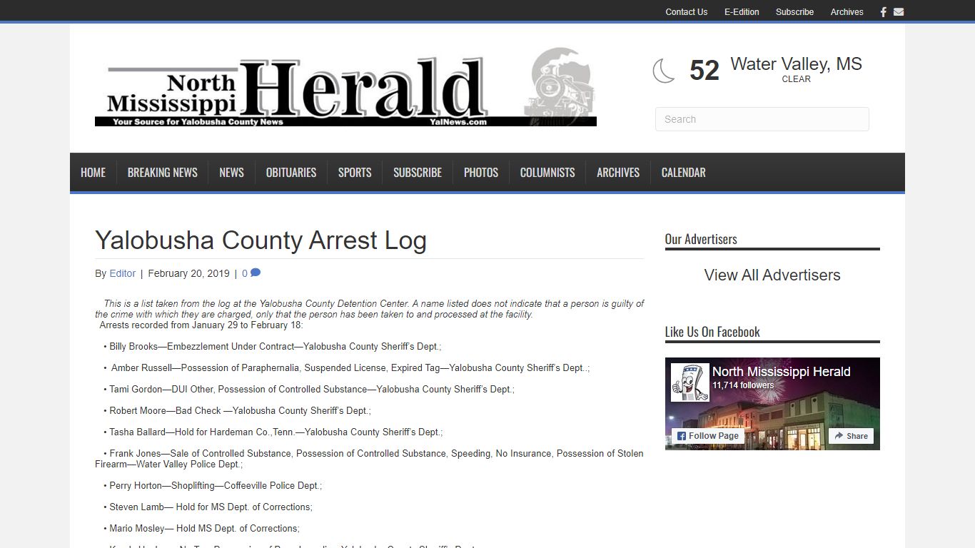 Yalobusha County Arrest Log – The North Mississippi Herald